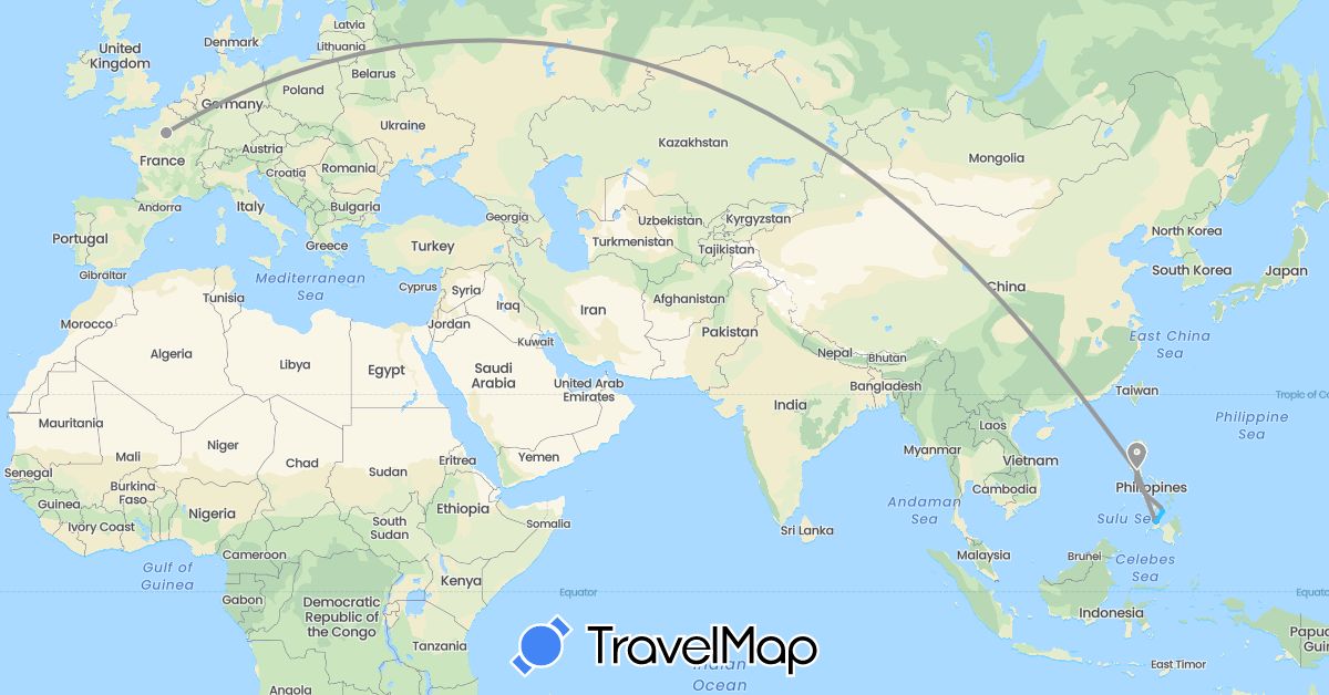 TravelMap itinerary: driving, plane, boat in France, Philippines (Asia, Europe)
