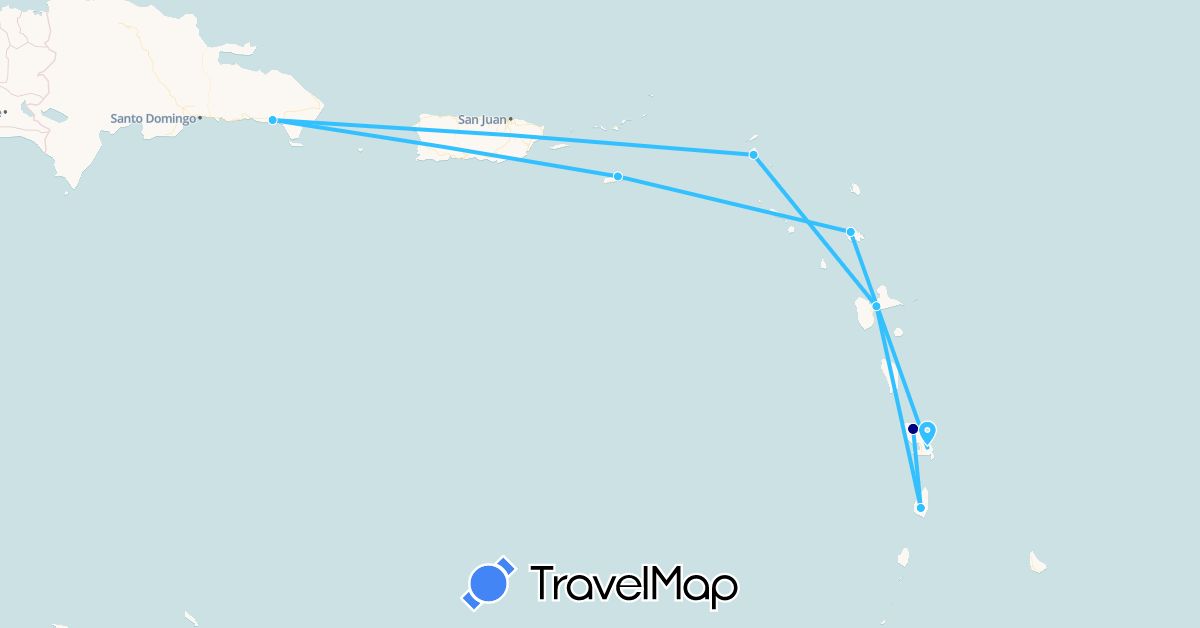 TravelMap itinerary: driving, boat in Antigua and Barbuda, Dominican Republic, Guadeloupe, Martinique, U.S. Virgin Islands (North America)